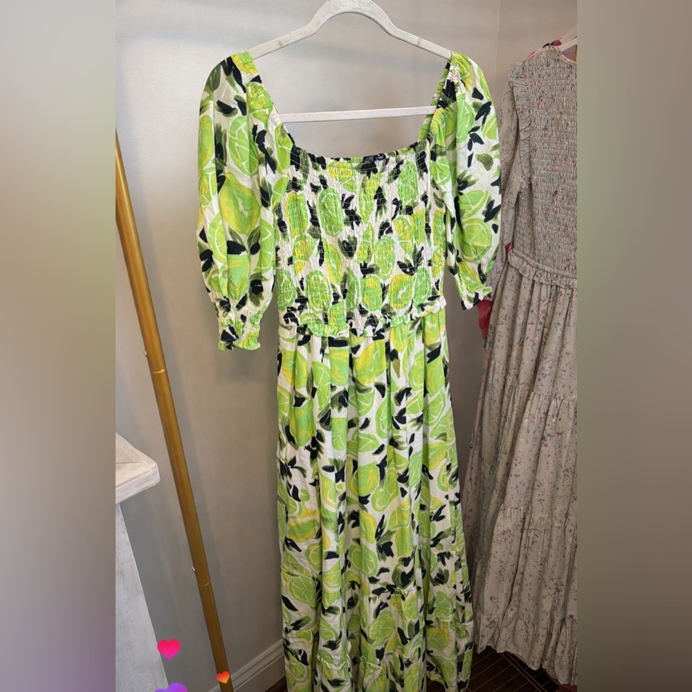 Steve Madden White & Lime Floral Puff Sleeve Midi Dress